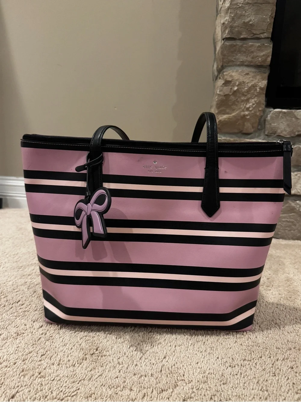 Kate Spade Lavender & Black Striped Large Tote Bag Bow Charm